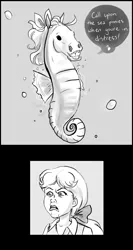 Size: 1280x2400 | Tagged: safe, artist:yunyin, derpibooru import, megan williams, human, sea pony, g1, 2 panel comic, bow, comic, dialogue, disgusted, female, hair bow, hoers, image, jpeg, monochrome, shoo be doo, speech bubble, underwater, water