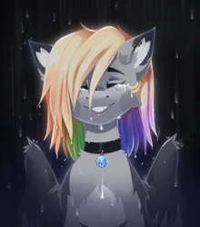 Size: 1802x2044 | Tagged: safe, artist:buvanybu, derpibooru import, oc, oc:buvany, unofficial characters only, pegasus, pony, cheek fluff, choker, crying, ear fluff, ear piercing, earring, eyes closed, grin, image, jewelry, multicolored hair, piercing, png, rain, rainbow hair, smiling, solo, wet, wet mane, wing fluff, wings