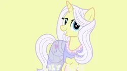 Size: 1920x1080 | Tagged: safe, artist:cheezedoodle96, derpibooru import, edit, editor:jaredking779, lily lace, pony, unicorn, clothes, dress, female, image, jpeg, mare, raised hoof, see-through, simple background, solo, yellow background