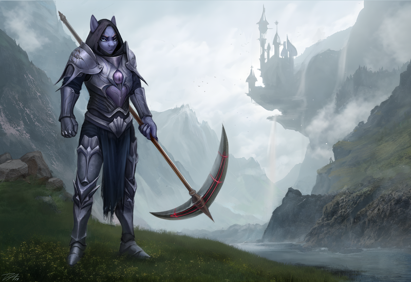 Size: 3280x2248 | Tagged: safe, artist:dacsy, derpibooru import, oc, oc:moonsaber, anthro, armor, canterlot castle, image, knight, mountain, png, river, scythe, water