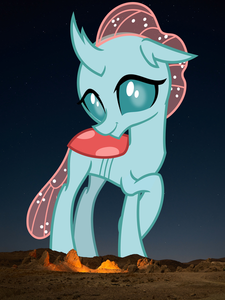 Size: 5785x7715 | Tagged: safe, artist:cheezedoodle96, derpibooru import, edit, editor:jaredking779, ocellus, changedling, changeling, pony, absurd resolution, crossed legs, desert, female, giantess, highrise ponies, image, irl, jpeg, macro, mountain, mountain range, nature, night, photo, ponies in real life, solo