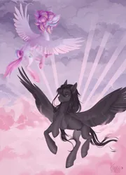 Size: 2736x3802 | Tagged: safe, artist:kanika-png, derpibooru import, oc, unofficial characters only, pegasus, pony, couple, dawn, flying, image, light rays, pink sky, png, sky