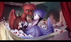 Size: 4400x2625 | Tagged: safe, artist:kanika-png, derpibooru import, oc, unofficial characters only, gryphon, bath, bathing, bathroom, candle, couple, cuddling, image, petals, png, soap