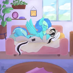 Size: 3000x3000 | Tagged: safe, artist:merisa, derpibooru import, oc, oc:agile trace, oc:renown composition, earth pony, pegasus, pony, fanfic:third wheel, blanket, couch, female, image, kissing, lesbian, living room, mare, pillow, plant, plants, png, window