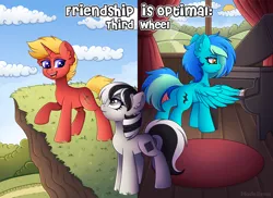 Size: 4800x3500 | Tagged: safe, artist:madelinne, derpibooru import, oc, oc:agile trace, oc:renown composition, oc:solar spark, pony, fanfic:third wheel, cliff, cloud, female, field, image, male, mare, musical instrument, piano, png, sky, smiling, stallion, sun