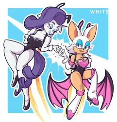 Size: 1280x1327 | Tagged: suggestive, artist:white326, rarity, anthro, bunny suit, clothes, fist bump, flying, image, jetpack, jpeg, leotard, rouge the bat, sonic the hedgehog (series)
