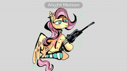 Size: 1920x1080 | Tagged: safe, artist:nightskyees, derpibooru import, fluttershy, pegasus, pony, bracelet, chest fluff, choker, clothes, crappy art, ear fluff, gif, gun, image, jewelry, rifle, shitposting, sniper, sniper rifle, snipershy, socks, solo, spinning, striped socks, weapon, wings