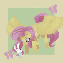 Size: 1040x1040 | Tagged: safe, artist:aioniadiafonia, derpibooru import, angel bunny, fluttershy, butterfly, insect, pegasus, pony, rabbit, animal, duo, female, image, jpeg, looking at each other, looking at someone, male, mare, passepartout