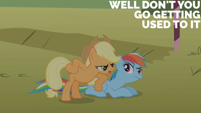 Size: 2000x1125 | Tagged: safe, derpibooru import, edit, edited screencap, editor:quoterific, screencap, applejack, rainbow dash, fall weather friends, image, png