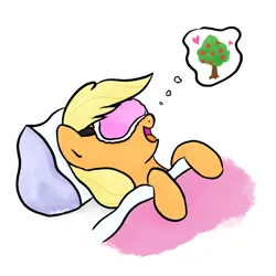 Size: 3000x3000 | Tagged: safe, artist:widelake, derpibooru import, applejack, bloomberg, earth pony, pony, apple, apple tree, bed, dream, female, food, image, open mouth, pillow, png, simple background, sleep mask, sleeping, solo, tree, white background