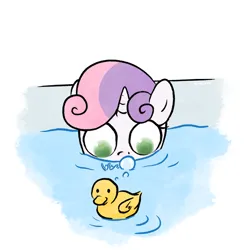 Size: 3000x3000 | Tagged: safe, artist:widelake, derpibooru import, sweetie belle, pony, unicorn, bath, bathtub, bubble, female, filly, foal, image, png, rubber duck, simple background, solo, white background