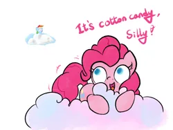 Size: 4000x3000 | Tagged: safe, artist:widelake, derpibooru import, pinkie pie, rainbow dash, cloud, cotton candy, duo, duo female, female, image, looking back, on a cloud, open mouth, png, simple background, white background