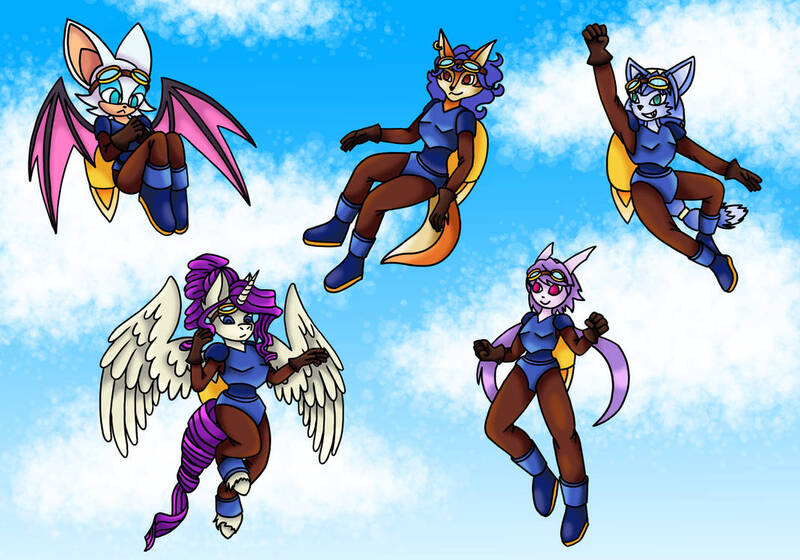 Size: 1069x748 | Tagged: safe, artist:more by lyceenjps, rarity, alicorn, anthro, alicornified, armor, armorarity, carmelita fox, flying, freedom planet, image, jetpack, jpeg, krystal, race swap, raricorn, rocket knight, rouge the bat, sash lilac, sonic the hedgehog (series), star fox