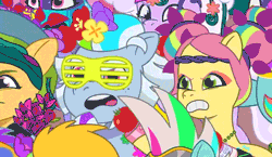 Size: 640x372 | Tagged: safe, derpibooru import, screencap, posey (g5), pegasus, pony, unicorn, g5, my little pony: tell your tale, spoiler:g5, spoiler:my little pony: tell your tale, spoiler:tyts01e56, alphabittle blossomforth, alternate hairstyle, angry, animated, chanting, cropped, crowd, diva and conquer, duo focus, eyebrows, female, flower, flower in hair, food, freckles, frown, gif, gritted teeth, hoof hold, image, looking at someone, makeup, male, mare, open mouth, raised eyebrow, raised hoof, stallion, sunglasses, teeth, tomato