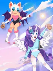 Size: 774x1032 | Tagged: safe, artist:more by alexacake, rarity, alicorn, human, alicornified, clothes, horn, horned humanization, humanized, image, jetpack, jewel, jewelry, jpeg, leotard, race swap, raricorn, rouge the bat, sonic the hedgehog (series), winged humanization, wings