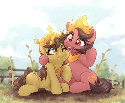 Size: 2374x1955 | Tagged: safe, artist:rivin177, derpibooru import, oc, oc:nuning, oc:salasika, earth pony, accessory, cloud, convention, couple, crown, dirt, fence, field, grass, image, jewelry, mascot, necklace, nusaponycon, png, raised hoof, regalia, scenery, sitting, sky, tree