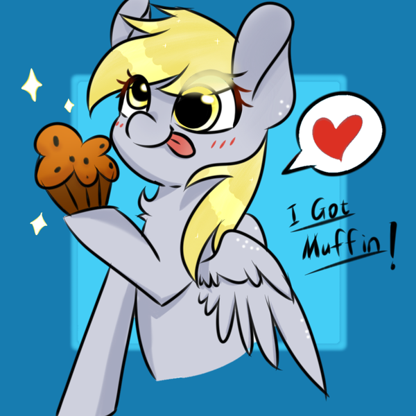 Size: 1080x1080 | Tagged: safe, artist:twiliset, derpibooru import, derpy hooves, pegasus, pony, blue background, cute, food, happy, heart, image, muffin, png, satisfying, say anything, simple background, solo, stars, tongue out