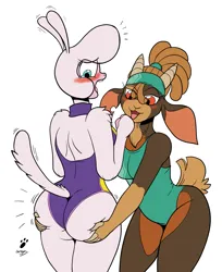 Size: 1533x1881 | Tagged: suggestive, artist:duragan, derpibooru import, anthro, goat, sheep, them's fightin' herds, blushing, butt, butt grab, butt shake, butt touch, clothes, community related, extra thicc, flirting, grope, hand on butt, image, implied weight gain, lamb, one-piece swimsuit, plot, png, pom (tfh), shanty (tfh), simple background, swimsuit, teasing, thick, white background, wiggle