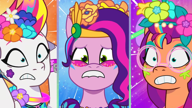 Size: 3072x1727 | Tagged: safe, derpibooru import, screencap, pipp petals, sunny starscout, zipp storm, earth pony, pegasus, pony, g5, my little pony: tell your tale, spoiler:g5, spoiler:my little pony: tell your tale, spoiler:tyts01e56, diva and conquer, female, frown, glasses, image, jpeg, lip bite, mare, royal sisters (g5), siblings, sisters, trio, trio female