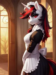 Size: 2304x3072 | Tagged: safe, derpibooru import, machine learning generated, stable diffusion, oc, oc:blackjack, unofficial characters only, anthro, pony, unicorn, fallout equestria, fallout equestria: project horizons, ai content, anthro oc, beautiful, clothes, fanfic art, female, generator:pony diffusion v5, horn, image, jpeg, looking at you, maid, mare, multicolored hair, prompter:frostru, smiling, solo, unicorn oc