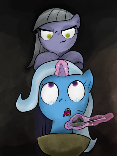 Size: 3000x4000 | Tagged: semi-grimdark, artist:widelake, derpibooru import, limestone pie, trixie, earth pony, unicorn, bowl, broken teeth, crossed arms, dark background, duo, duo female, female, food, frightened, image, looking down, looking up, magic, magic aura, open mouth, png, rock soup, soup, spoon, teary eyes