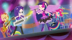 Size: 1920x1080 | Tagged: safe, color edit, derpibooru import, edit, edited screencap, screencap, applejack, pinkie pie, rarity, twilight sparkle, human, equestria girls, perfect day for fun, rainbow rocks, bass guitar, colored, drums, female, human coloration, image, keytar, light skin, microphone, musical instrument, png, ponied up, skin color edit, spread wings, wings