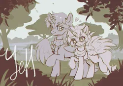 Size: 1429x997 | Tagged: safe, artist:ls_skylight, derpibooru import, oc, alicorn, earth pony, pegasus, pony, unicorn, any gender, any race, any species, clothes, commission, image, park, png, scarf, together, walking, ych example, ych sketch, your character here