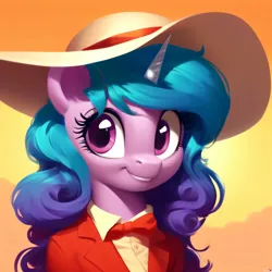 Size: 3072x3072 | Tagged: safe, derpibooru import, machine learning generated, stable diffusion, izzy moonbow, pony, unicorn, g5, ai content, bowtie, bust, clothes, female, generator:purplesmart.ai, hat, image, looking at you, mare, png, portrait, solo, sun hat