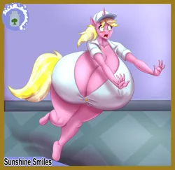 Size: 2164x2104 | Tagged: suggestive, artist:blues64, artist:marauder6272, derpibooru import, sunshine smiles, anthro, unicorn, series:bountyverse, big breasts, biography, breasts, busty sunshine smiles, clothes, falling, female, females only, horn, huge breasts, image, impossibly large breasts, logo, nature's bounty employee card, png, tail, tripping, uniform, uniform hat