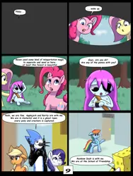 Size: 7500x10000 | Tagged: safe, artist:chedx, derpibooru import, applejack, fluttershy, pinkie pie, rainbow dash, rarity, earth pony, pegasus, unicorn, comic:learning with pibby glitch battles, comic, commission, crossover, image, mordecai, multiverse, pibby, png, regular show, spongebob squarepants, spongebob squarepants (character)