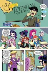 Size: 1950x2996 | Tagged: safe, artist:pencils, derpibooru import, edit, applejack, cranky doodle donkey, fluttershy, ms. harshwhinny, pinkie pie, rainbow dash, rarity, sci-twi, sunset shimmer, trixie, twilight sparkle, human, comic:equestria girls: canterlot: march radness (edited skin), equestria girls, basketball, classroom, detention, female, human coloration, humane five, humane seven, humane six, image, male, png, sports, teacher