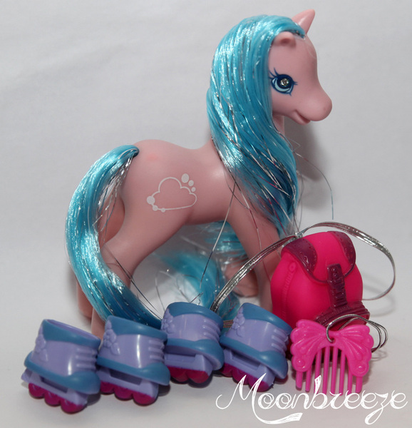 Size: 771x800 | Tagged: safe, derpibooru import, photographer:moonbreeze, earth pony, pony, g2, backpack, comb, female, image, jpeg, mare, open mouth, photo, roller skates, rollerblades, signature, skates, solo, tinsel in mane, toy