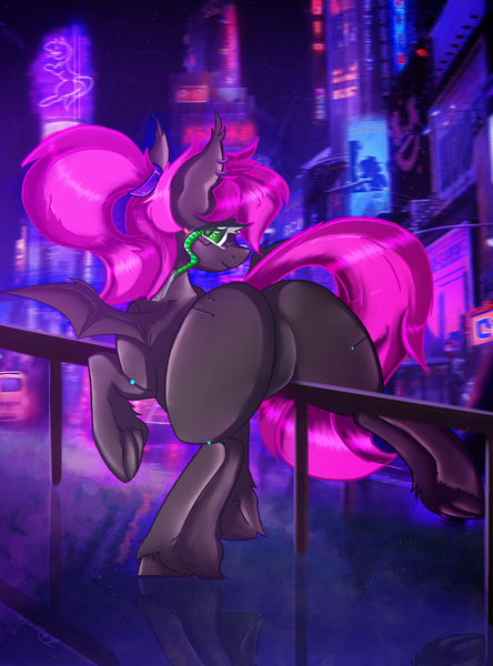 Size: 2000x2700 | Tagged: safe, artist:dankpegasista, derpibooru import, oc, oc:bitwise operator, unofficial characters only, bat pony, cyborg, pony, bangs, bat ears, bat eyes, billboard, butt, car, city, colored lineart, commission, detailed background, digital art, ear piercing, electronics, featureless crotch, female, frog (hoof), full body, fully shaded, green eyes, hair tie, high res, highlights, image, long eyelashes, long mane, long tail, looking at you, looking back, looking back at you, manehattan, mare, messy mane, night, piercing, pink hair, plot, png, ponytail, railing, rain, raised hoof, reflection, shading, shiny mane, signature, skyscraper, smiling, smiling at you, solo, sparkles, spread wings, tail, tail aside, underhoof, unshorn fetlocks, wall of tags, wet, wet mane, wings