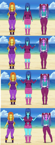 Size: 1280x3349 | Tagged: safe, derpibooru import, adagio dazzle, aria blaze, sonata dusk, human, equestria girls, beach, humanized, image, jpeg, kisekae, ocean, the dazzlings, water