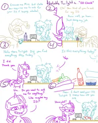 Size: 4779x6013 | Tagged: safe, artist:adorkabletwilightandfriends, derpibooru import, mayor mare, twilight sparkle, twilight sparkle (alicorn), zephyr breeze, oc, oc:ellen, alicorn, comic:adorkable twilight and friends, adorkable, adorkable twilight, age difference, alcohol, blueberry, blushing, carrot, cashier, cute, dork, ear piercing, earring, food, funny, glasses, grocery store, humor, id card, image, jewelry, older, passive aggressive, perturbed, piercing, png, shopping, slice of life, store, wine