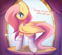 Size: 2350x2100 | Tagged: safe, artist:miryelis, derpibooru import, fluttershy, pegasus, pony, big ears, blushing, carousel boutique, clothes, cute, female, full body, image, long hair, mirror, png, shyabetes, signature, socks, solo, standing, text, wings