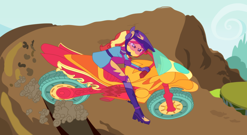 Size: 3477x1900 | Tagged: safe, artist:gmaplay, derpibooru import, sunset shimmer, equestria girls, friendship games, friendship games outfit, image, motorcross, motorcycle, png, rally, solo, tri-cross relay, tri-cross relay outfit