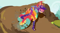 Size: 3477x1900 | Tagged: safe, artist:gmaplay, derpibooru import, sunset shimmer, equestria girls, friendship games, friendship games outfit, image, motorcross, motorcycle, png, rally, solo, tri-cross relay, tri-cross relay outfit