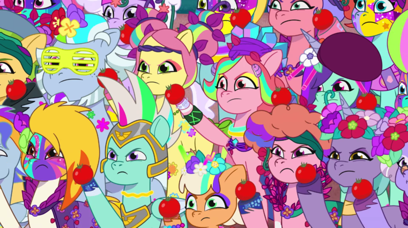 Size: 3000x1678 | Tagged: safe, derpibooru import, screencap, onyx, posey (g5), g5, my little pony: tell your tale, spoiler:g5, alphabittle blossomforth, diva and conquer, flare (g5), food, image, jazz hooves, peach fizz, png, thunder flap, tomato
