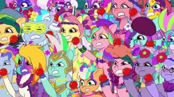 Size: 3299x1849 | Tagged: safe, derpibooru import, onyx, posey (g5), g5, my little pony: tell your tale, spoiler:g5, alphabittle blossomforth, diva and conquer, flare (g5), food, image, jazz hooves, one of these things is not like the others, peach fizz, png, thunder flap, tomato