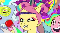 Size: 1210x678 | Tagged: safe, derpibooru import, screencap, posey (g5), g5, my little pony: tell your tale, spoiler:g5, spoiler:my little pony: tell your tale, spoiler:tyts01e56, alphabittle blossomforth, diva and conquer, food, frown, image, png, posey bloom is not amused, tomato, unamused