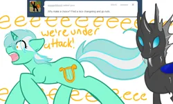 Size: 1000x600 | Tagged: safe, artist:azure-doodle, derpibooru import, lyra heartstrings, changeling, pony, image, png, screaming, sexually confused lyra, simple background, white background