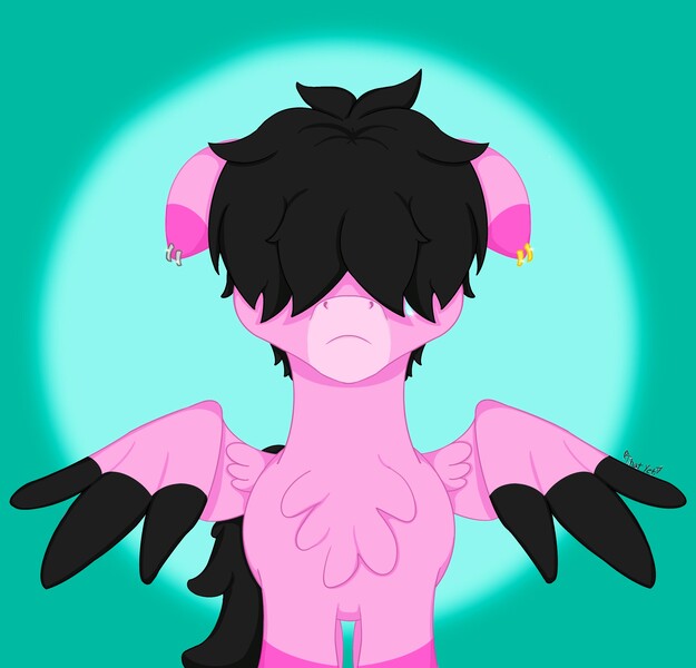 Size: 2812x2700 | Tagged: safe, artist:mistyquest, derpibooru import, oc, oc:pink shadow, pegasus, pony, 2023, angst, art fight, artfight, artfight 2023, black hair, black mane, black tail, chest fluff, closing wings, colored muzzle, colored wings, covered eyes, crying, ear piercing, earring, emo, floppy ears, folded wings, front view, frown, halfbody, image, jewelry, jpeg, long tail, looking at you, multicolored hair, multicolored wings, muzzle, partially open wings, photo, piercing, pink coat, pink fur, sad, sad face, short hair, short mane, simple background, simple shading, solo, standing, tail, wings, wings down