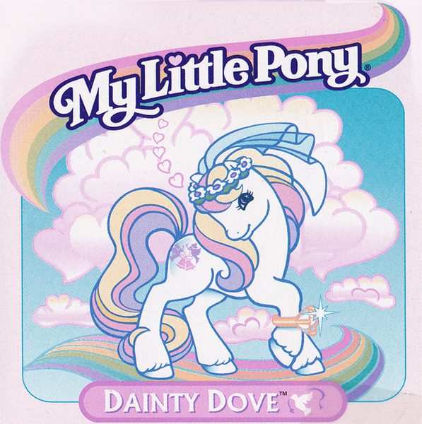 Size: 605x608 | Tagged: safe, derpibooru import, official, dainty dove (g2), earth pony, pony, g2, backcard, cloud, female, hear, image, jewelry, jpeg, mare, rainbow, ring, solo, unshorn fetlocks, veil