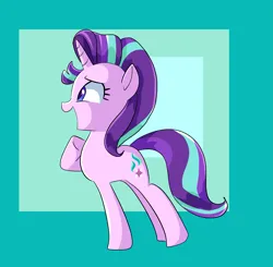 Size: 1885x1851 | Tagged: safe, artist:andromedasparkz, derpibooru import, starlight glimmer, pony, unicorn, blue background, female, happy, hoof on chest, image, looking at something, mare, open mouth, png, raised leg, simple background, solo, squee