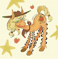 Size: 2016x2048 | Tagged: safe, artist:puppetizer, derpibooru import, applejack, earth pony, pony, alternate cutie mark, alternate design, alternate hairstyle, apple, bandana, braid, braided tail, cowboy hat, food, hat, image, jpeg, ponytails, redesign, solo, stars, tail