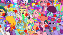 Size: 800x450 | Tagged: safe, derpibooru import, screencap, onyx, posey (g5), g5, my little pony: tell your tale, spoiler:g5, spoiler:my little pony: tell your tale, spoiler:tyts01e56, alphabittle blossomforth, animated, diva and conquer, flare (g5), food, gif, image, jazz hooves, one of these things is not like the others, peach fizz, posey bloom is not amused, thunder flap, tomato, unamused, windy (g5)