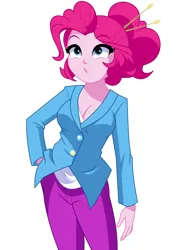 Size: 1348x1827 | Tagged: safe, artist:rosemile mulberry, derpibooru import, pinkie pie, equestria girls, alternate hairstyle, breasts, business suit, busty pinkie pie, cleavage, clothes, coat, cute, drumsticks, female, hand on hip, image, older, older pinkie pie, pants, png, pursed lips, simple background, solo, suit, white background