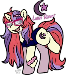 Size: 1570x1779 | Tagged: safe, artist:sexygoatgod, derpibooru import, moondancer, oc, oc:lunar dancer, unofficial characters only, pony, unicorn, adoptable, alternate universe, female, glasses, image, one eye closed, png, simple background, solo, transparent background, wink