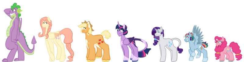 Size: 1920x489 | Tagged: safe, artist:gammanullzero, derpibooru import, applejack, fluttershy, pinkie pie, rainbow dash, rarity, spike, twilight sparkle, bat pony, dragon, earth pony, pegasus, pony, unicorn, alternate color palette, alternate design, alternate hairstyle, alternate universe, asexual, chin fluff, demigirl, female, freckles, genderfluid, image, intersex, leonine tail, long description, mane seven, mane six, older, older spike, pansexual, png, simple background, spread wings, tail, trans female, transgender, transparent background, wings